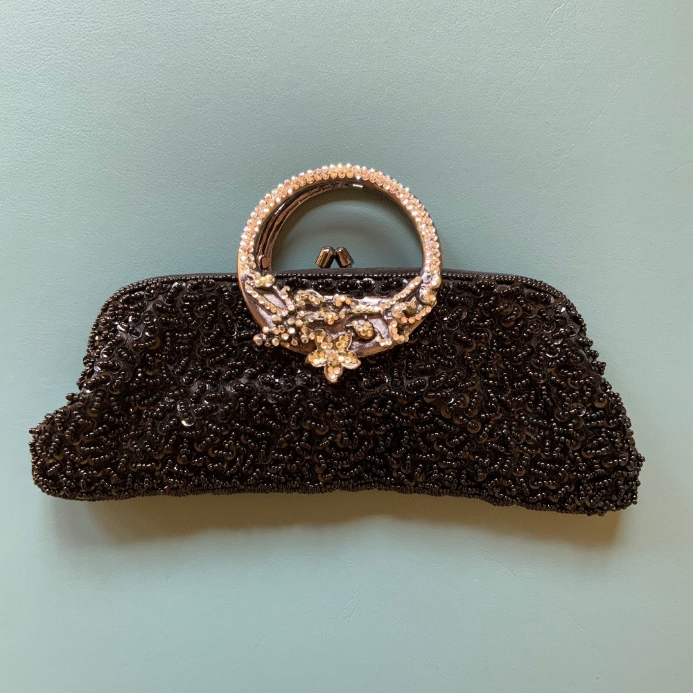 Vintage 90s Lord & Taylor Black Beaded Evening Bag w/ Rhinestone Loop Handles
